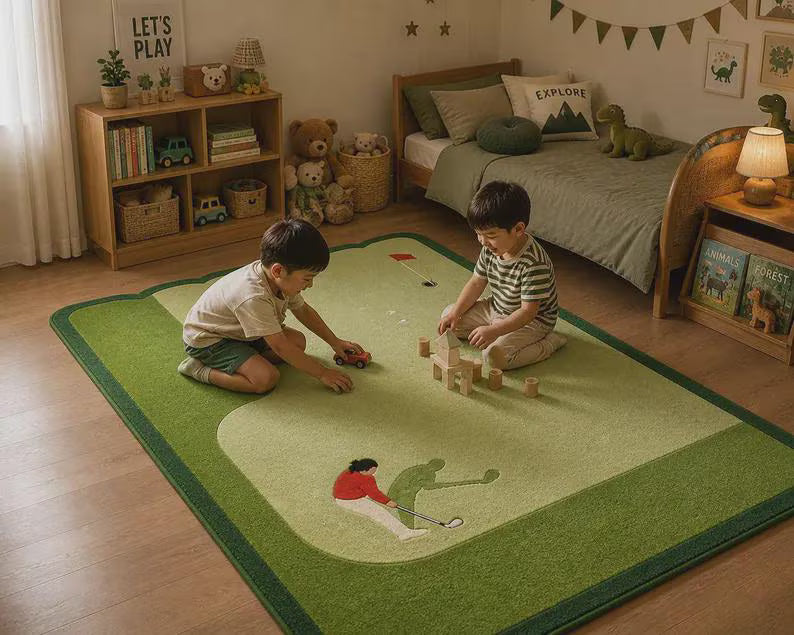 Hand-Tufted Wool Golf Course Area Rug, Green Landscape Pattern, Novelty Sports Carpet. RGTP17