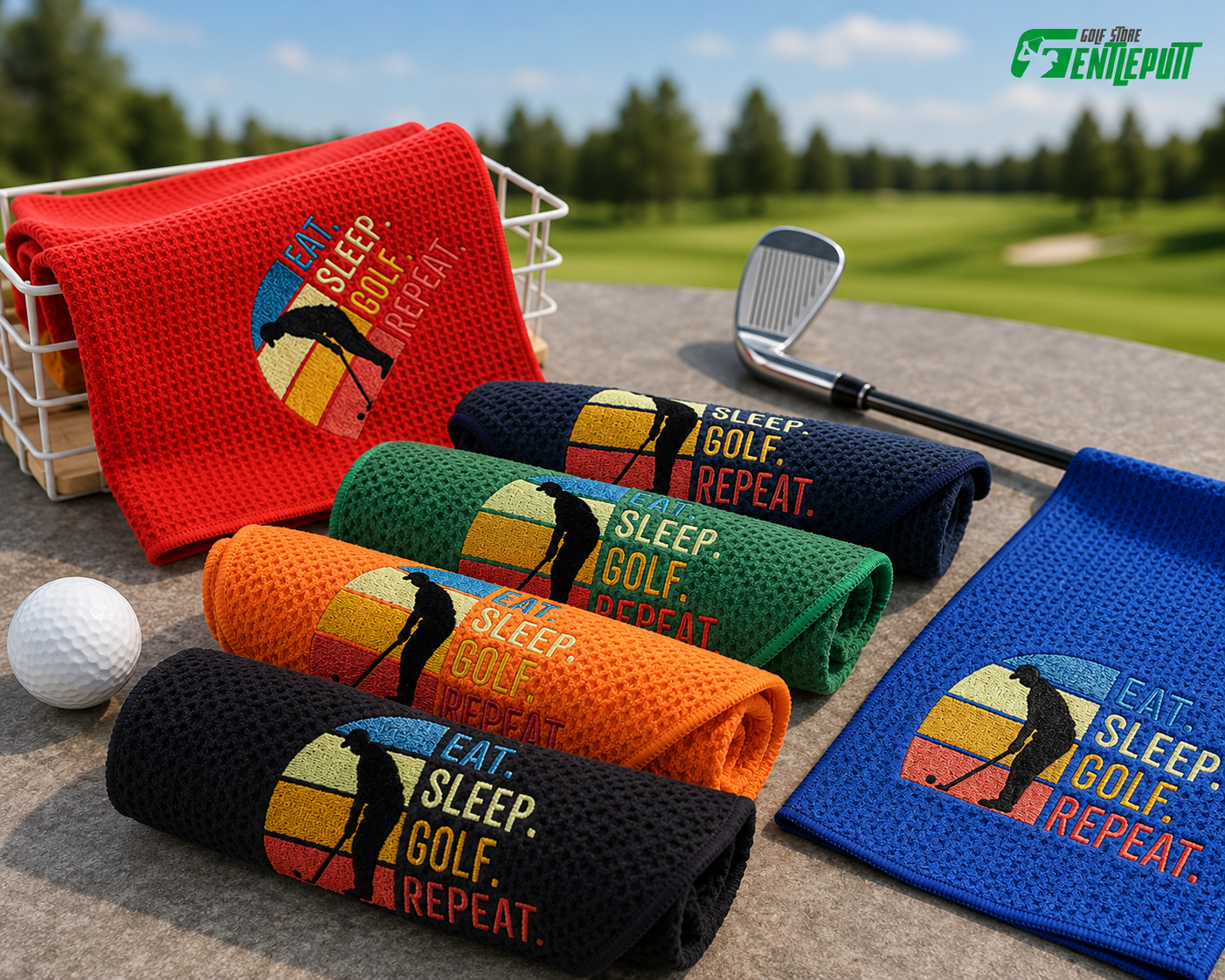 Eat Sleep Golf Repeat Towel, Waffle Microfiber Golf Towel with Clip, Funny Golfer Gift, Golf Bag Accessory for Men and Women TWGTP07
