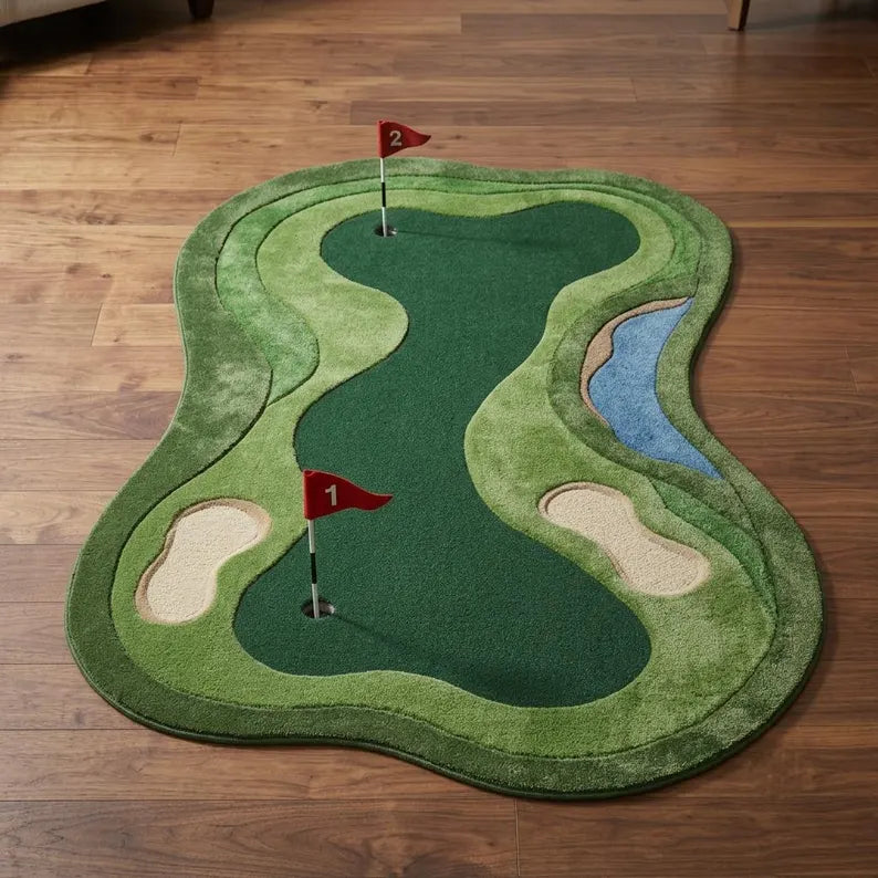 Hand Tufted Wool Golf Putting Green Rug, Irregular Golf Hole Shape, Man Cave Decor. RGTP24