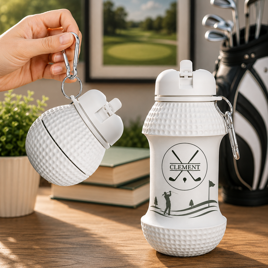 Personalized Golf Ball Foldable Water Bottle, Custom Name & Crossed Clubs Design, Collapsible Silicone Bottle, Golf Gift for Men Dad Husband – WBGOLF05