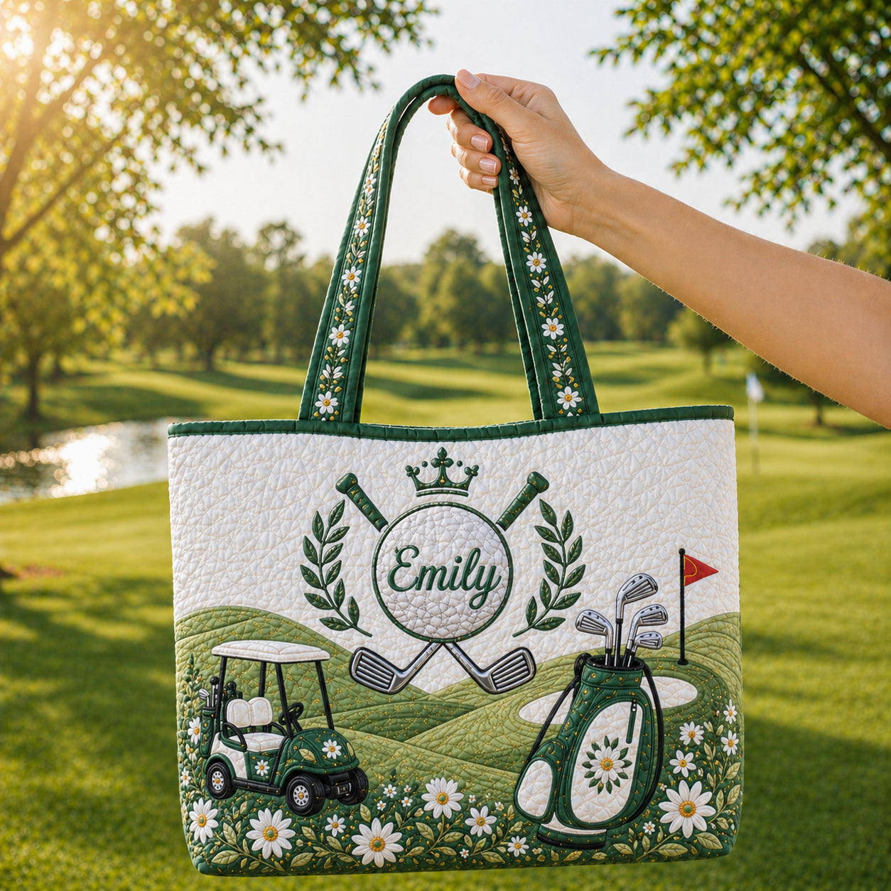 Personalized Quilted Golf Tote Bag, Custom Name Golf Club Bag, Green Golf Tote Bag, Golf Gift for Her QTTB05