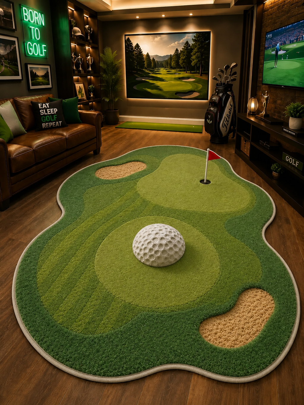 Golf Green Area Rug – Custom Golf Course Shaped Carpet, Golf Putting Rug for Living Room, Man Cave Decor, Unique Gift for Golf Enthusiasts. RGTP2