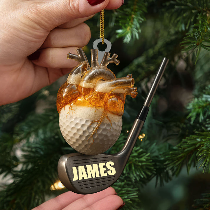 Personalized Golf & Beer Heart Acrylic Ornament, Funny Anatomical Shape Acrylic Decor, Custom Name Golfer Christmas Gift