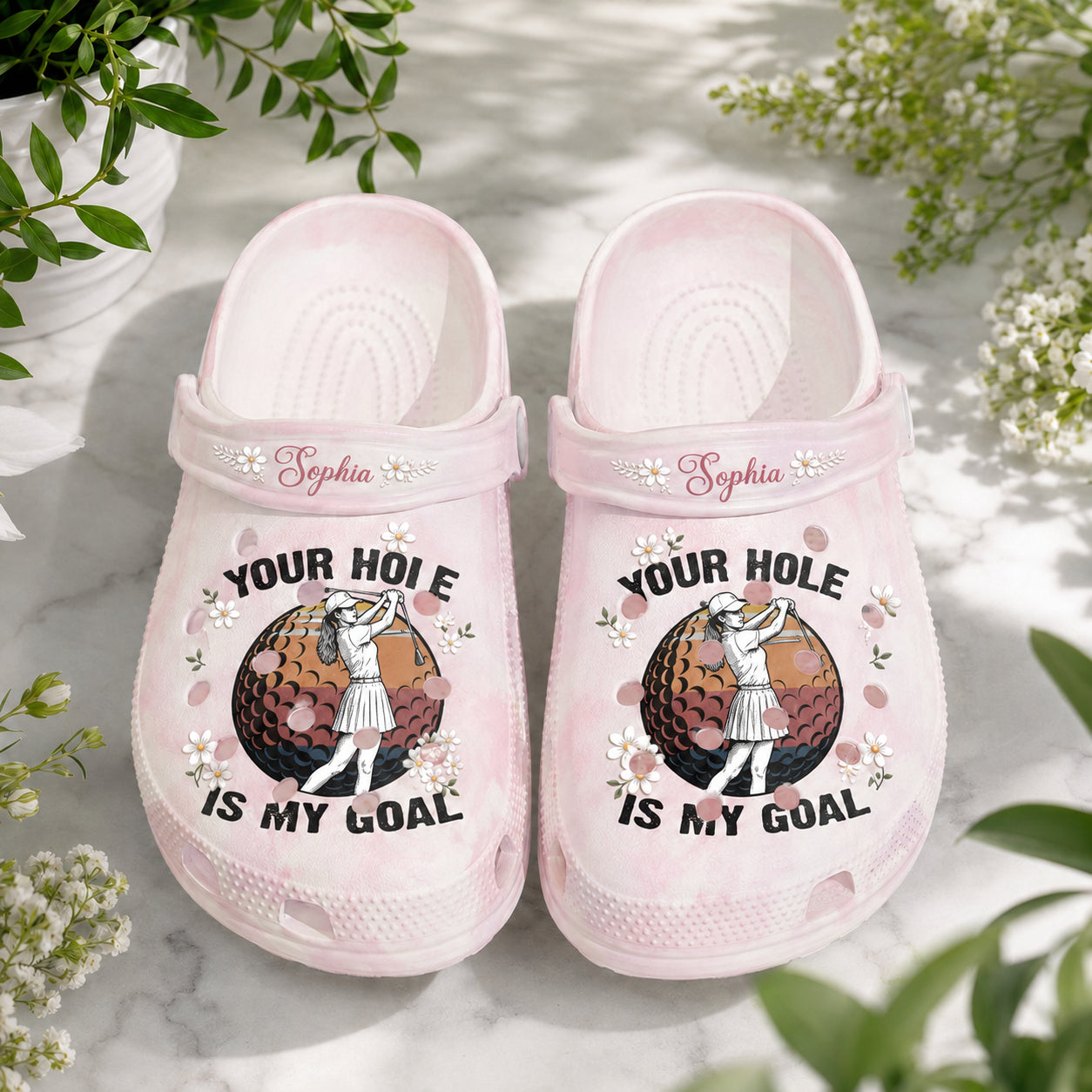 Your Hole Is My Goal Print Clogs, Pink Golf Pattern Clogs, Unisex Kid Adult Clogs, Summer Clogs, Waterproof EVA Slip-On Shoes, Comfortable Casual Sandals CLGOLF05