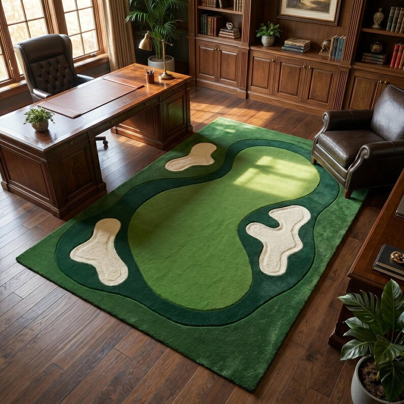 Golf Course Area Rug, Tufted Green Putting Green Carpet, Sand Trap Novelty Rug for Man Cave, Quirky Sports Decor, Abstract Wavy Room Rug. RGTP29