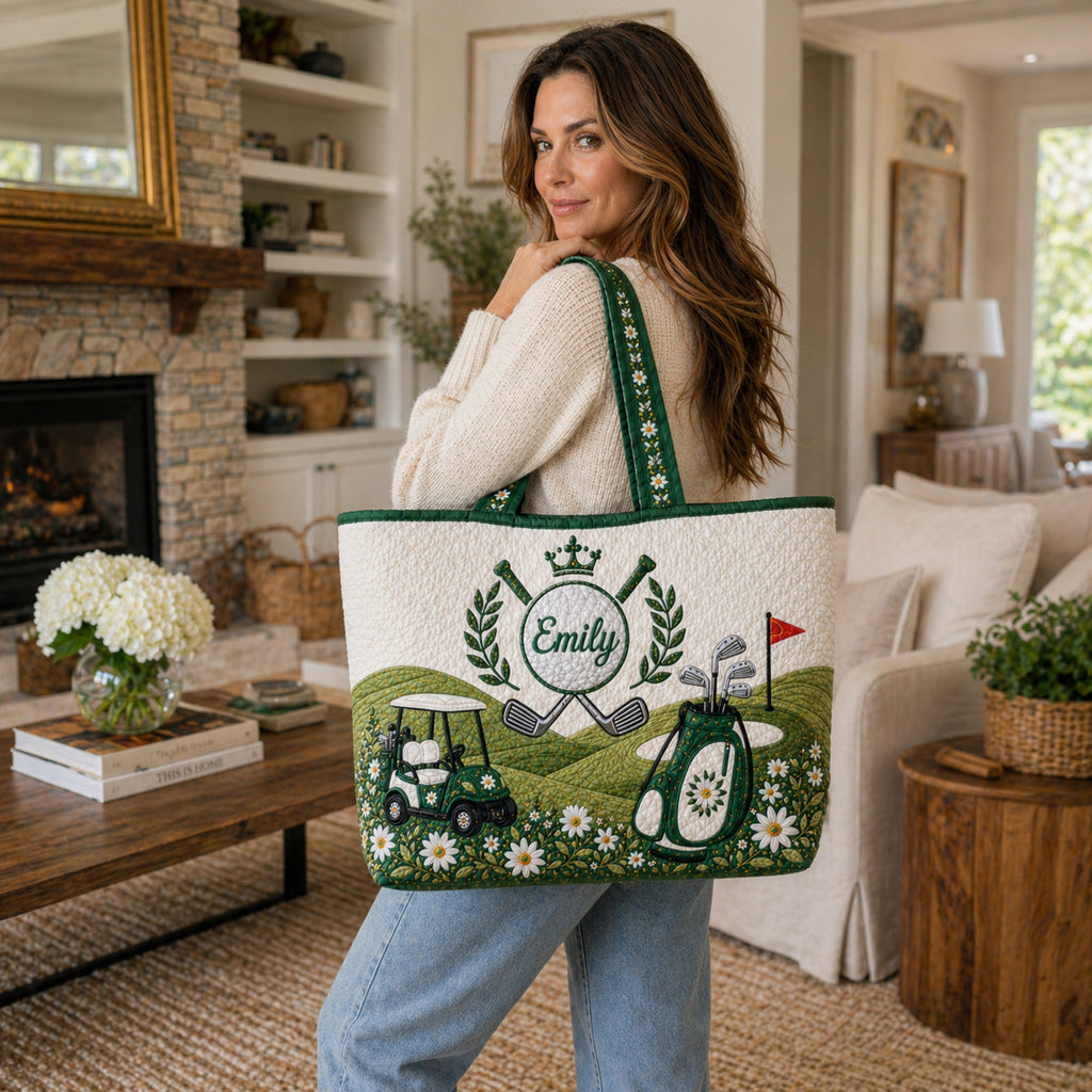 Personalized Quilted Golf Tote Bag, Custom Name Golf Club Bag, Green Golf Tote Bag, Golf Gift for Her QTTB05