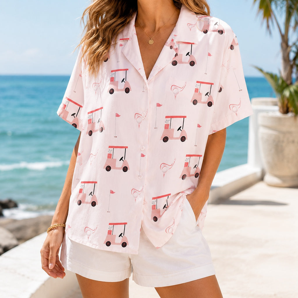 Pink Golf Hawaiian Shirt, Golf Cart Golf Ball Button Down Shirt, Cute Summer Vacation Shirt for Golf Lovers, Golf Outfit HW06