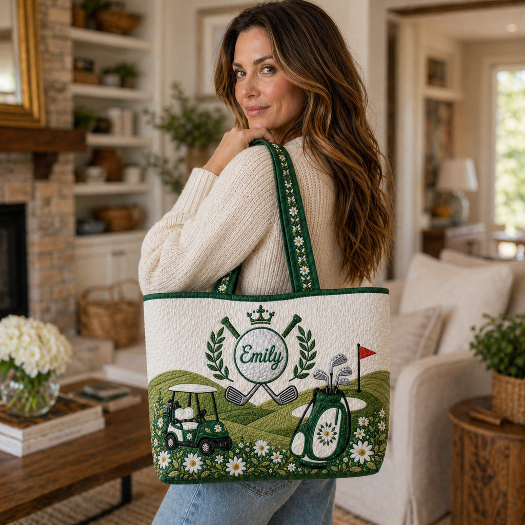 Personalized Quilted Golf Tote Bag, Custom Name Golf Club Bag, Green Golf Tote Bag, Golf Gift for Her QTTB05