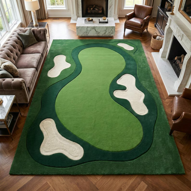 Golf Course Area Rug, Tufted Green Putting Green Carpet, Sand Trap Novelty Rug for Man Cave, Quirky Sports Decor, Abstract Wavy Room Rug. RGTP29