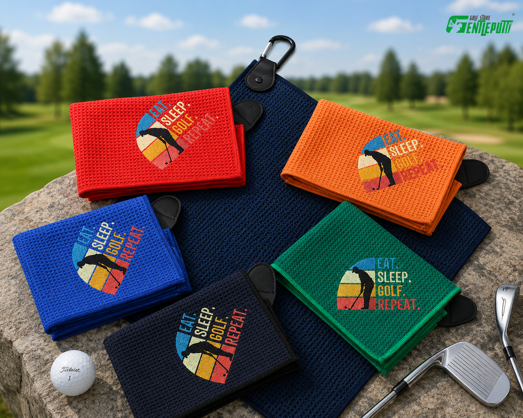 Eat Sleep Golf Repeat Towel, Waffle Microfiber Golf Towel with Clip, Funny Golfer Gift, Golf Bag Accessory for Men and Women TWGTP07