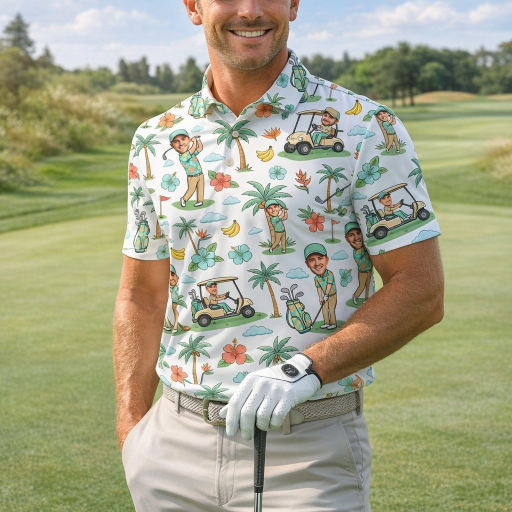 Custom Photo Polo Shirt, Funny Hawaii Golf Pattern On Polo Shirt, Personalized Short Sleeve Golf Shirt, Custom Polo for Golfer, Custom Polo Shirt Gift PLSGTP11