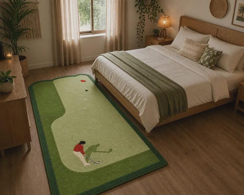 Hand-Tufted Wool Golf Course Area Rug, Green Landscape Pattern, Novelty Sports Carpet. RGTP17