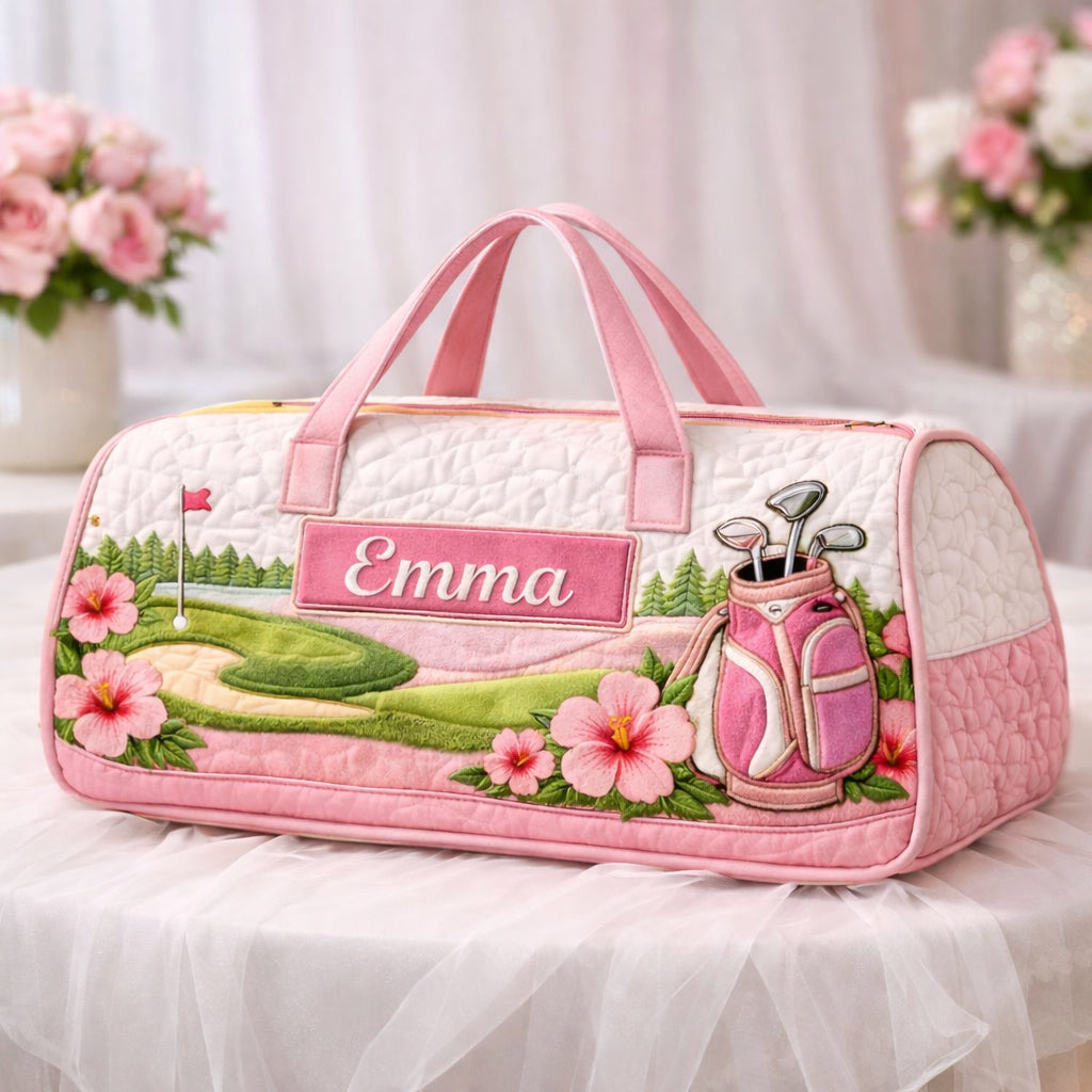 Custom Pink Hibiscus Golf Art Quilted Duffle Bag, Travel Bag, Custom Pink Duffle Bags, Golf Bag, Sport Bag Gift GDQ04