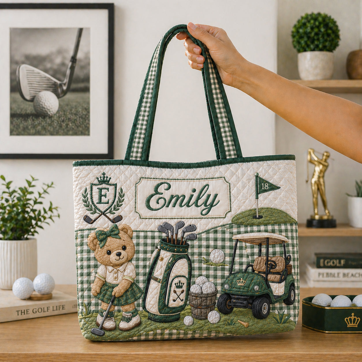 Custom Golf Quilt Tote Bag, Personalized Golf Bear Bag, Green Gingham Golf Cart Tote, Gift for Women  QTTB06