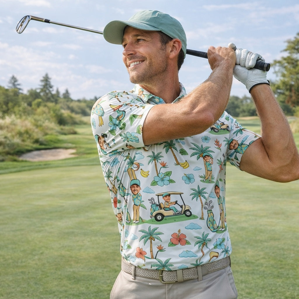 Custom Photo Polo Shirt, Funny Hawaii Golf Pattern On Polo Shirt, Personalized Short Sleeve Golf Shirt, Custom Polo for Golfer, Custom Polo Shirt Gift PLSGTP11