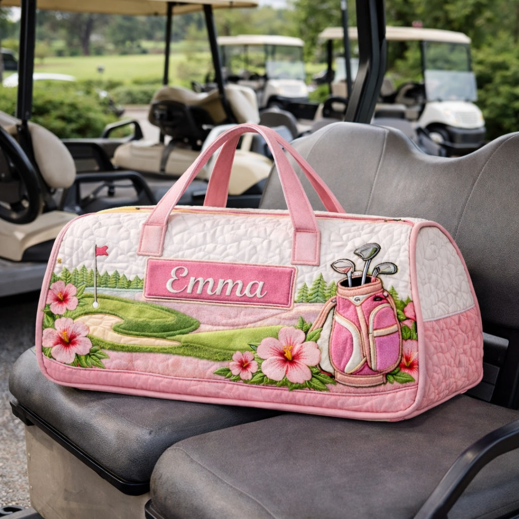 Custom Pink Hibiscus Golf Art Quilted Duffle Bag, Travel Bag, Custom Pink Duffle Bags, Golf Bag, Sport Bag Gift GDQ04