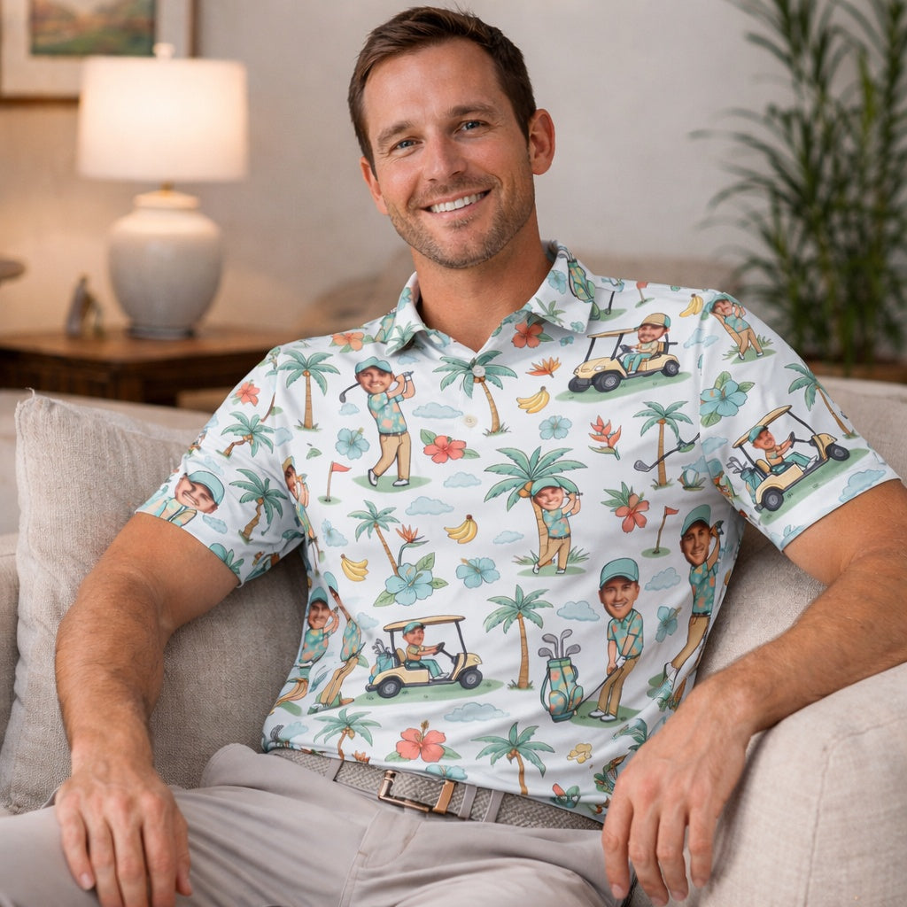 Custom Photo Polo Shirt, Funny Hawaii Golf Pattern On Polo Shirt, Personalized Short Sleeve Golf Shirt, Custom Polo for Golfer, Custom Polo Shirt Gift PLSGTP11