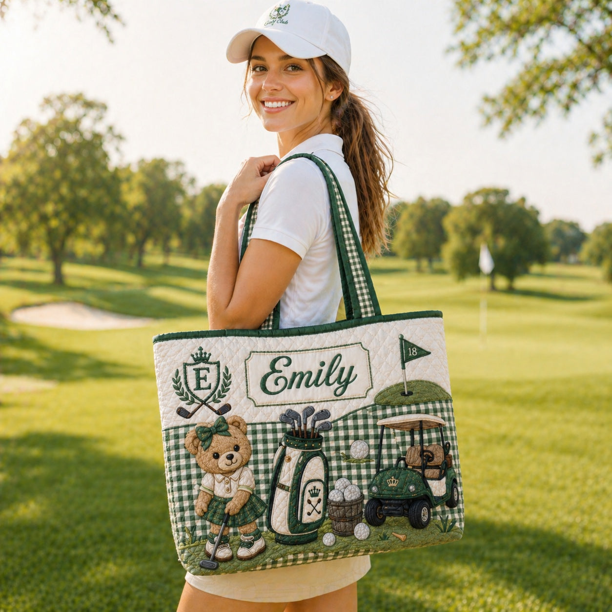 Custom Golf Quilt Tote Bag, Personalized Golf Bear Bag, Green Gingham Golf Cart Tote, Gift for Women  QTTB06