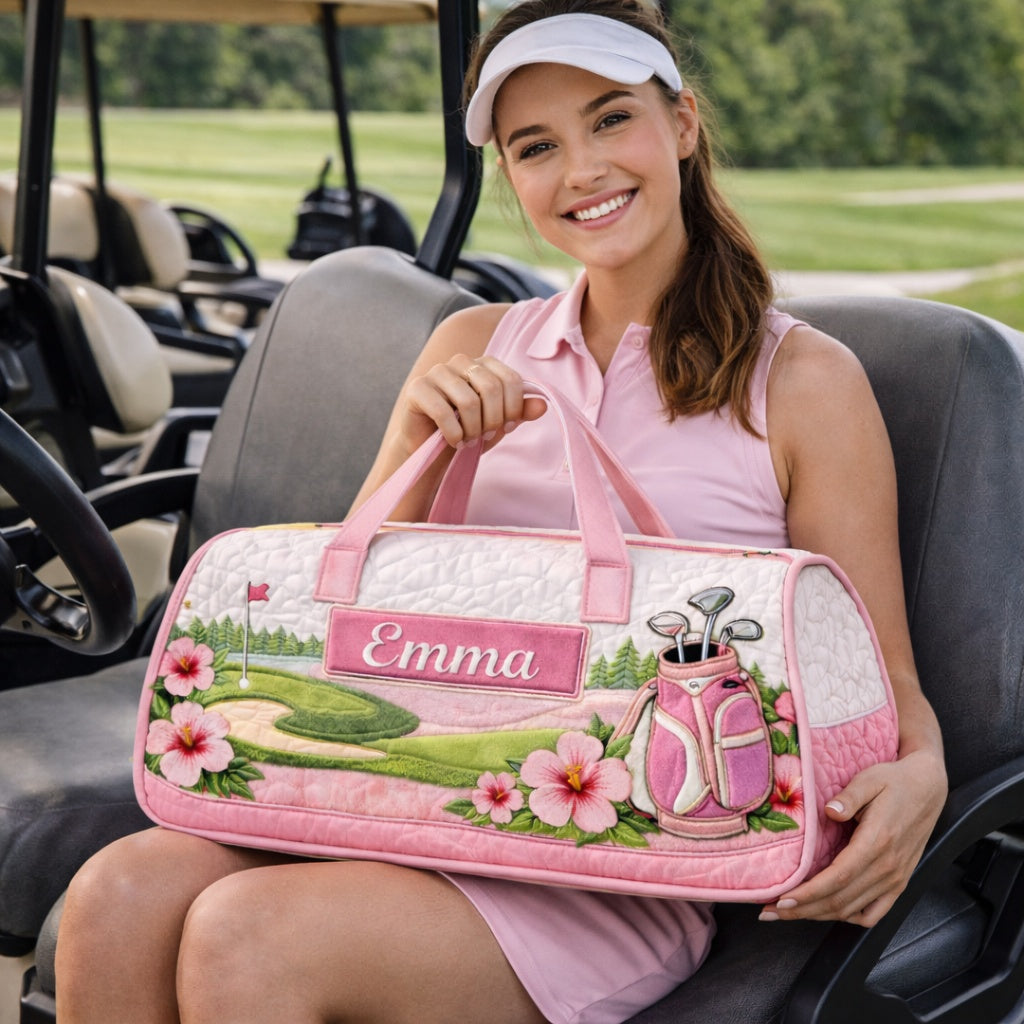 Custom Pink Hibiscus Golf Art Quilted Duffle Bag, Travel Bag, Custom Pink Duffle Bags, Golf Bag, Sport Bag Gift GDQ04