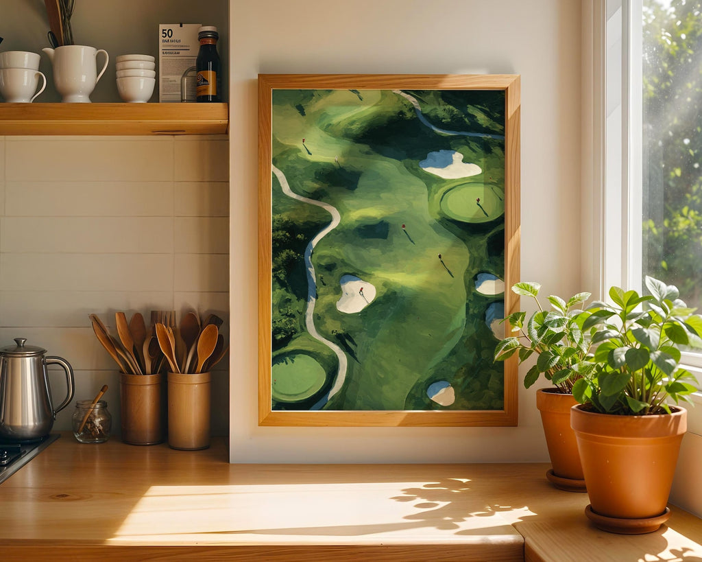 Minimalist Golf Course Style Print Poster, Aerial Golf Course Landscape Poster, Green golf course illustrations, Sport Art Decor PTGTP12