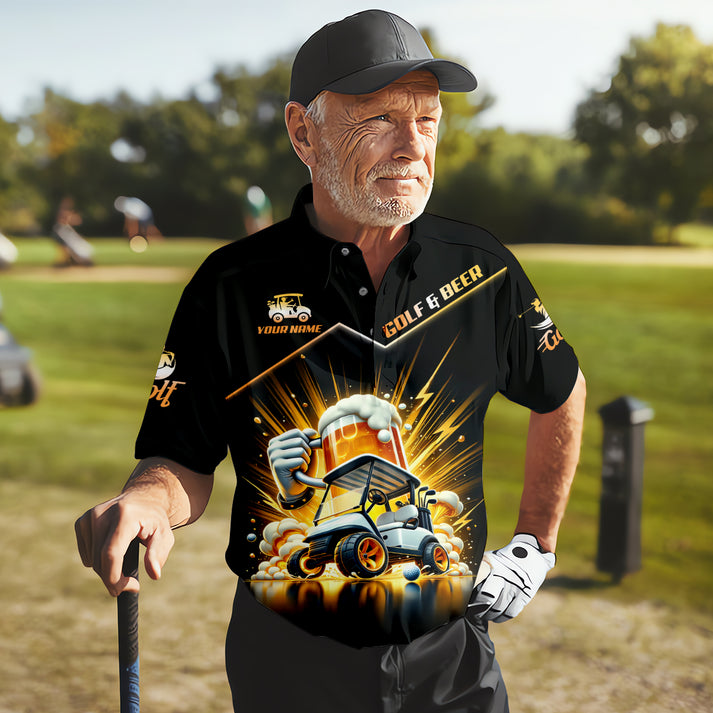 Golf Carts & Beer Golf Polo Shirt, Funny Monster Cart Graphic, Custom Name Golfer Gift,Men's Performance Apparel Gift for Dad & Husband, Polo For Golfer