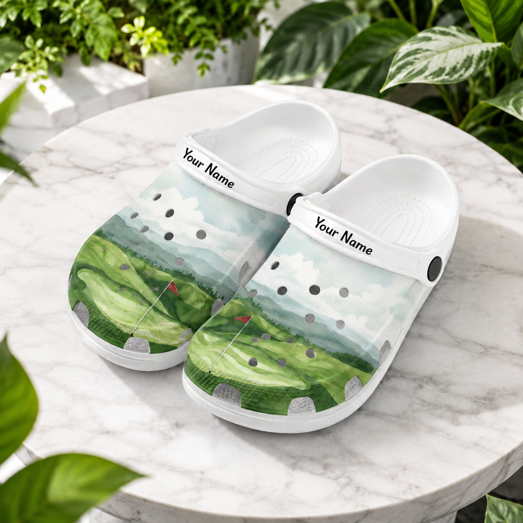 Golf Course Print Clogs, Green Golf Pattern Clogs, Unisex Kid Adult Clogs, Summer Clogs, Waterproof EVA Slip-On Shoes, Comfortable Casual Sandals CLGOLF07