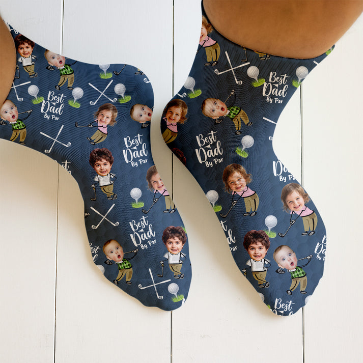 Custom Face Golf Socks, "Best Dad By Par" Personalized Photo Gift, Funny Kids Head on Golfer Body Crew Socks, Father's Day Present for Him