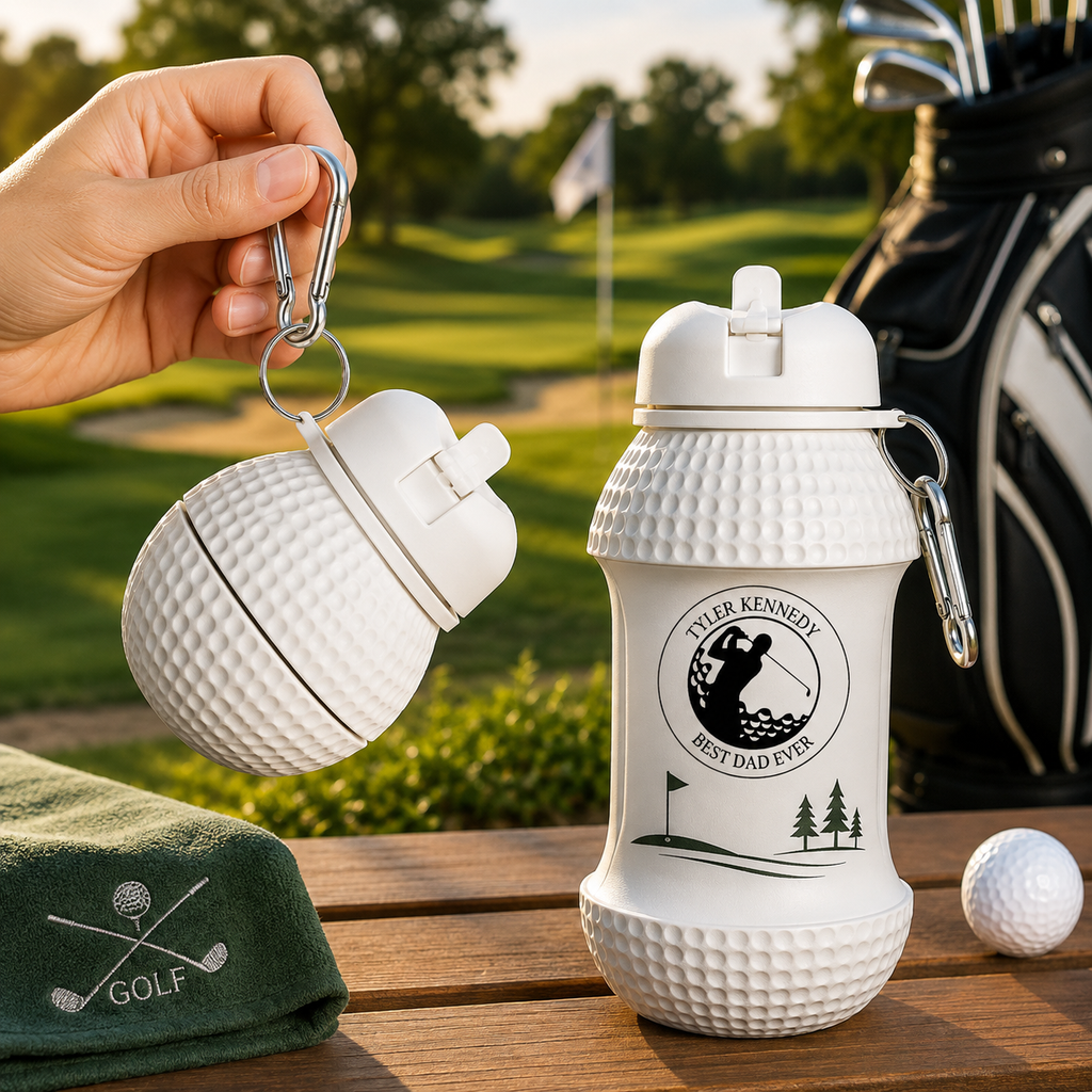 Personalized Golf Ball Foldable Water Bottle, Custom Name Golf Club Design, Collapsible Silicone Sports Bottle, Unique Golfer Gift for Dad Husband – WBGOLF06