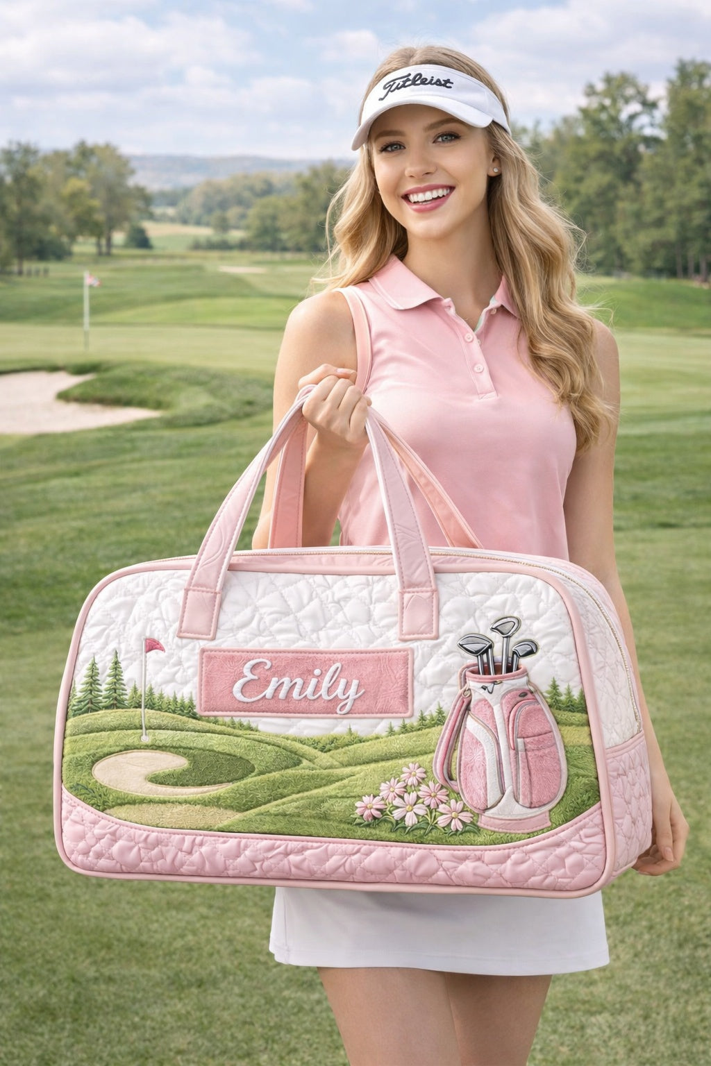 Custom Pink Golf Course With Name Quilted Duffle Bag, Travel Bag, Custom Pink Duffle Bags, Golf Bag, Sport Bag Gift GDQ06