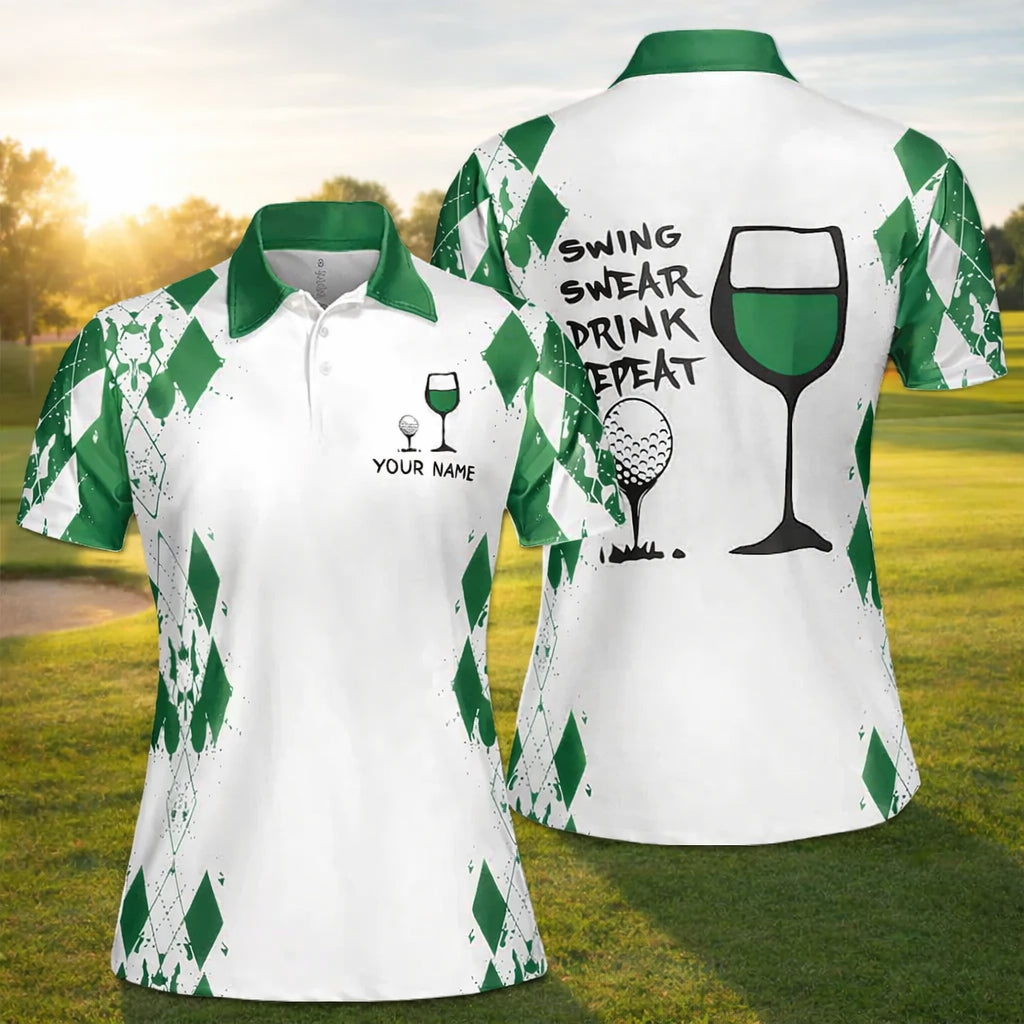 Personalized Golf & Wine Polo Shirt, Swing Swear Drink Repeat Polo Shirt, Funny Golf Shirt, Unisex Summer Golf Polo Shirt, Short Sleeve Golf Shirt, Polo for Golfer, Custom Polo Shirt PLSGTP01