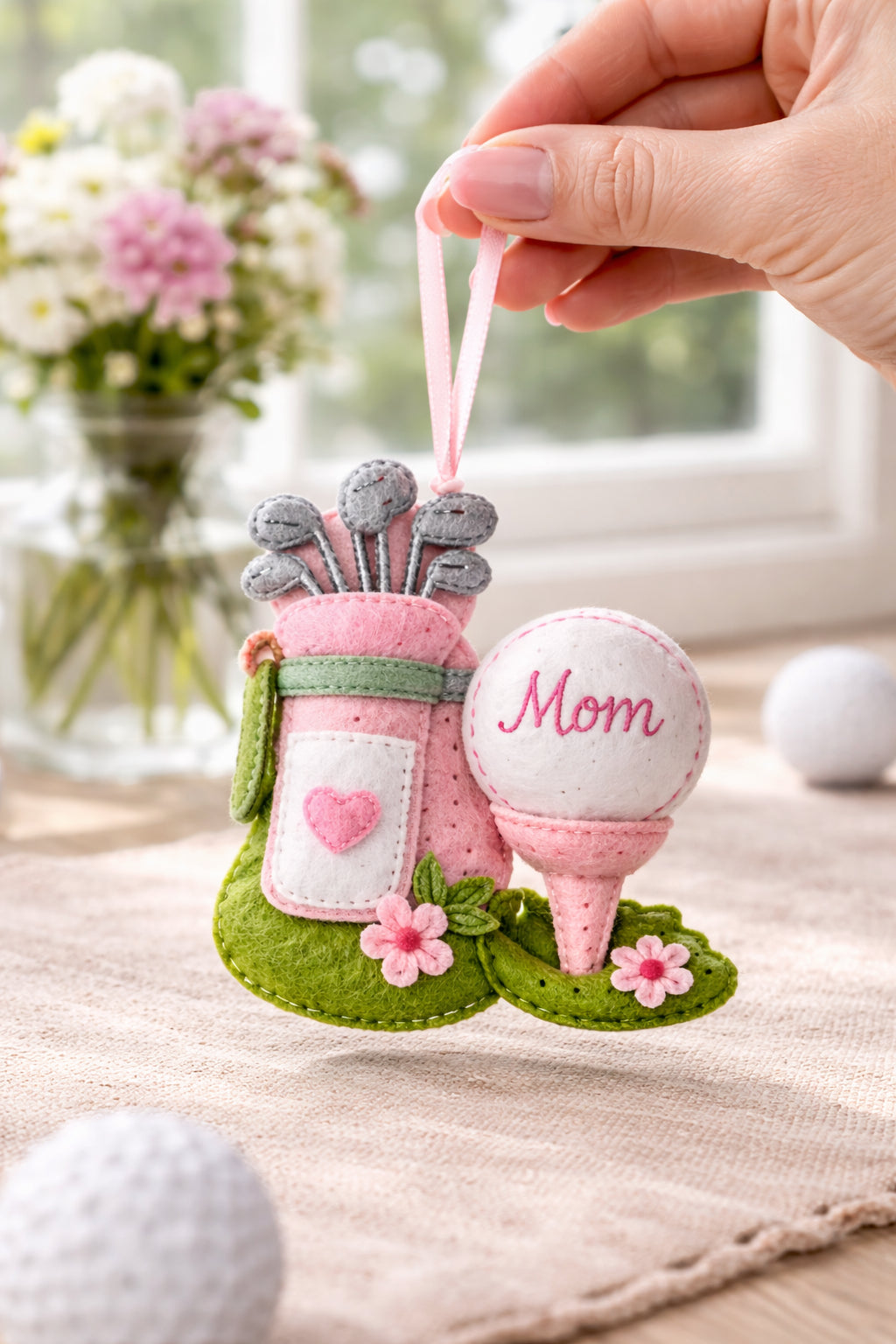 Custom Pink Golf Felt Ornament, Cute Golf Ball Ornament, Handmade Golf Felt Ornament, Golf Lover Decor, Hanging Decor, Holiday Keepsake Gift ONMGTP01