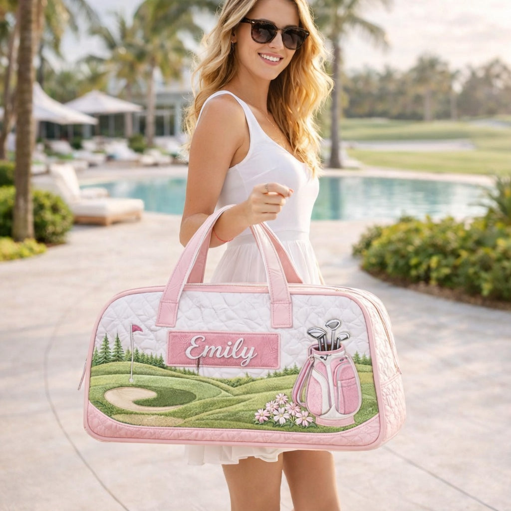 Custom Pink Golf Course With Name Quilted Duffle Bag, Travel Bag, Custom Pink Duffle Bags, Golf Bag, Sport Bag Gift GDQ06