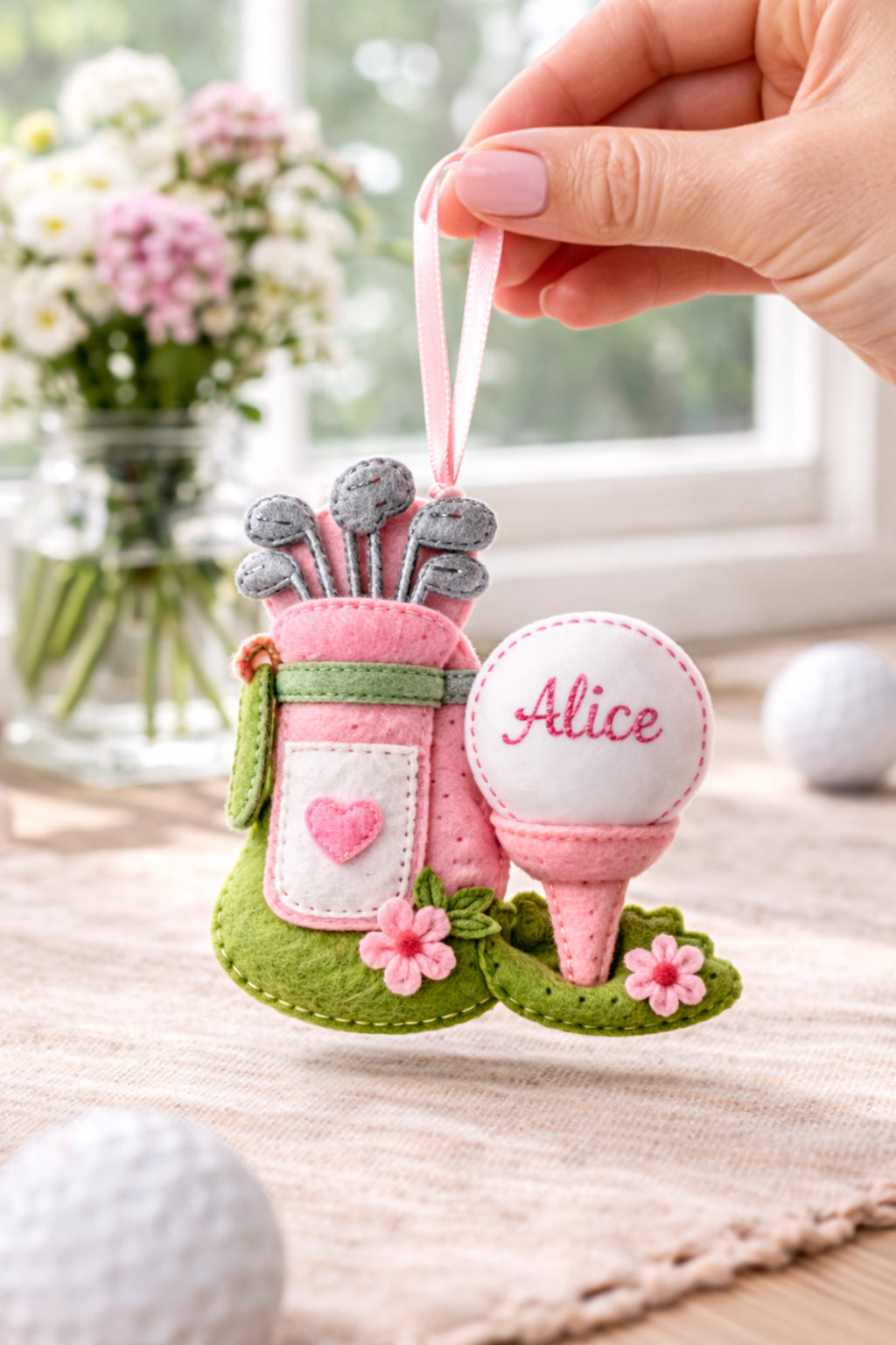 Custom Pink Golf Felt Ornament, Cute Golf Ball Ornament, Handmade Golf Felt Ornament, Golf Lover Decor, Hanging Decor, Holiday Keepsake Gift ONMGTP01