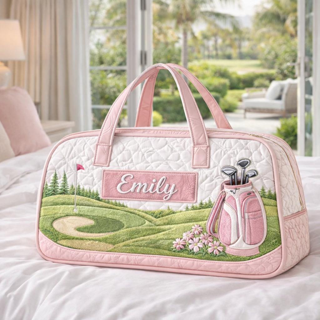 Custom Pink Golf Course With Name Quilted Duffle Bag, Travel Bag, Custom Pink Duffle Bags, Golf Bag, Sport Bag Gift GDQ06