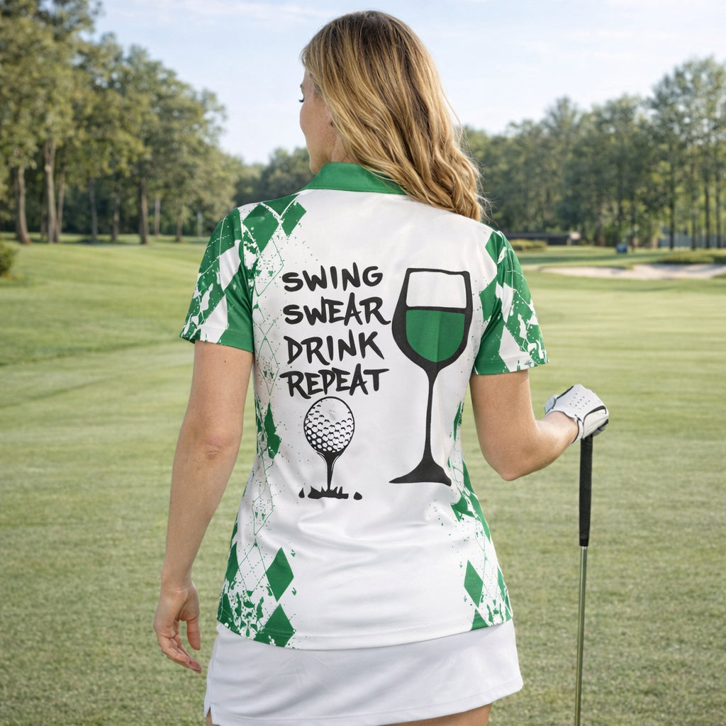 Personalized Golf & Wine Polo Shirt, Swing Swear Drink Repeat Polo Shirt, Funny Golf Shirt, Unisex Summer Golf Polo Shirt, Short Sleeve Golf Shirt, Polo for Golfer, Custom Polo Shirt PLSGTP01