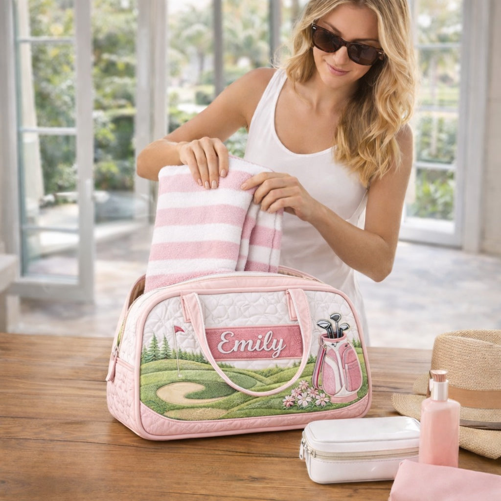 Custom Pink Golf Course With Name Quilted Duffle Bag, Travel Bag, Custom Pink Duffle Bags, Golf Bag, Sport Bag Gift GDQ06