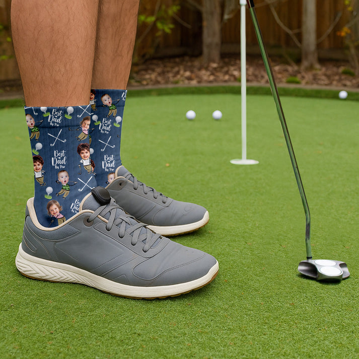 Custom Face Golf Socks, "Best Dad By Par" Personalized Photo Gift, Funny Kids Head on Golfer Body Crew Socks, Father's Day Present for Him