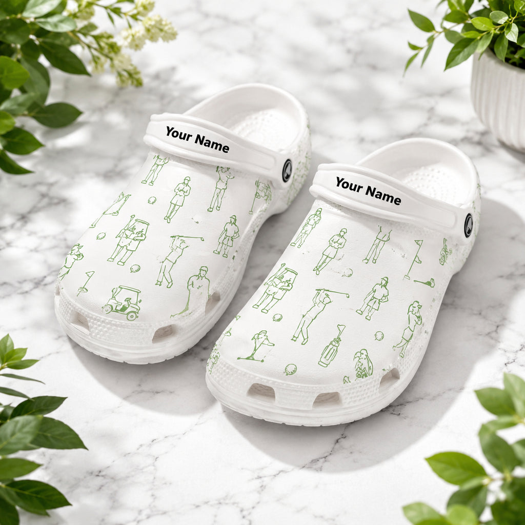 Golf Style Print Clogs, Green Golf Pattern Clogs, Unisex Kid Adult Clogs, Summer Clogs, Waterproof EVA Slip-On Shoes, Comfortable Casual Sandals CLGOLF08