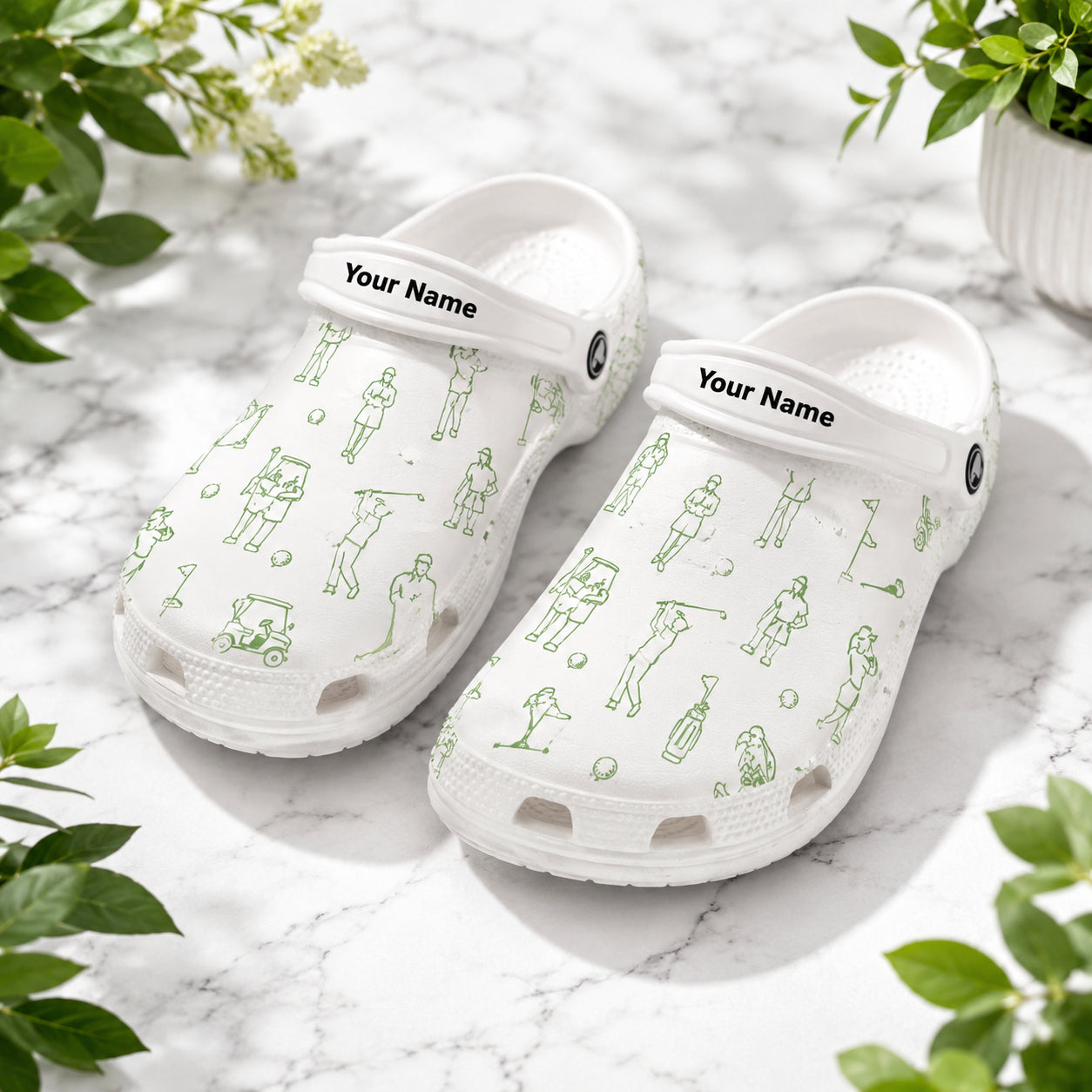 Golf Style Print Clogs, Green Golf Pattern Clogs, Unisex Kid Adult Clogs, Summer Clogs, Waterproof EVA Slip-On Shoes, Comfortable Casual Sandals CLGOLF08