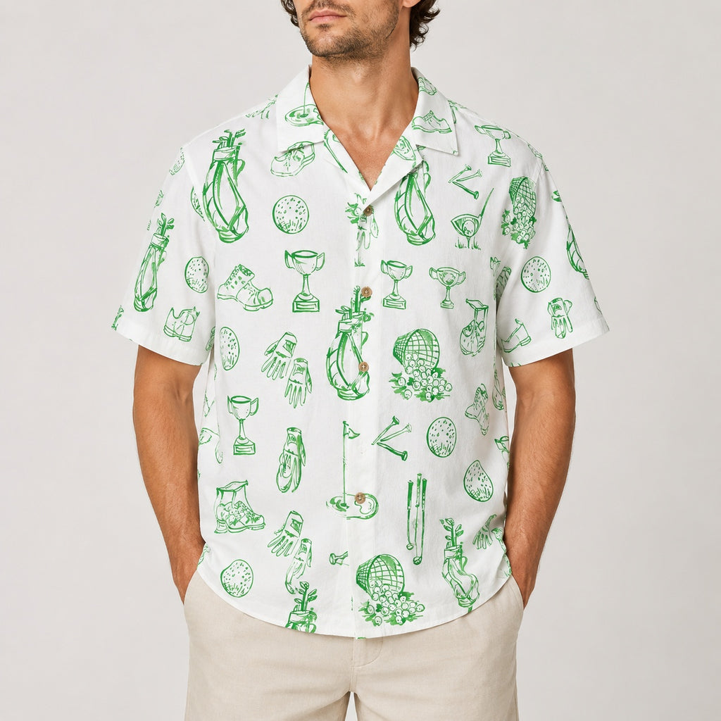 Green Golf Sketch Hawaiian Shirt, Golf Equipment Pattern Button Down Shirt, Summer Vacation Shirt for Golf Lovers HW09