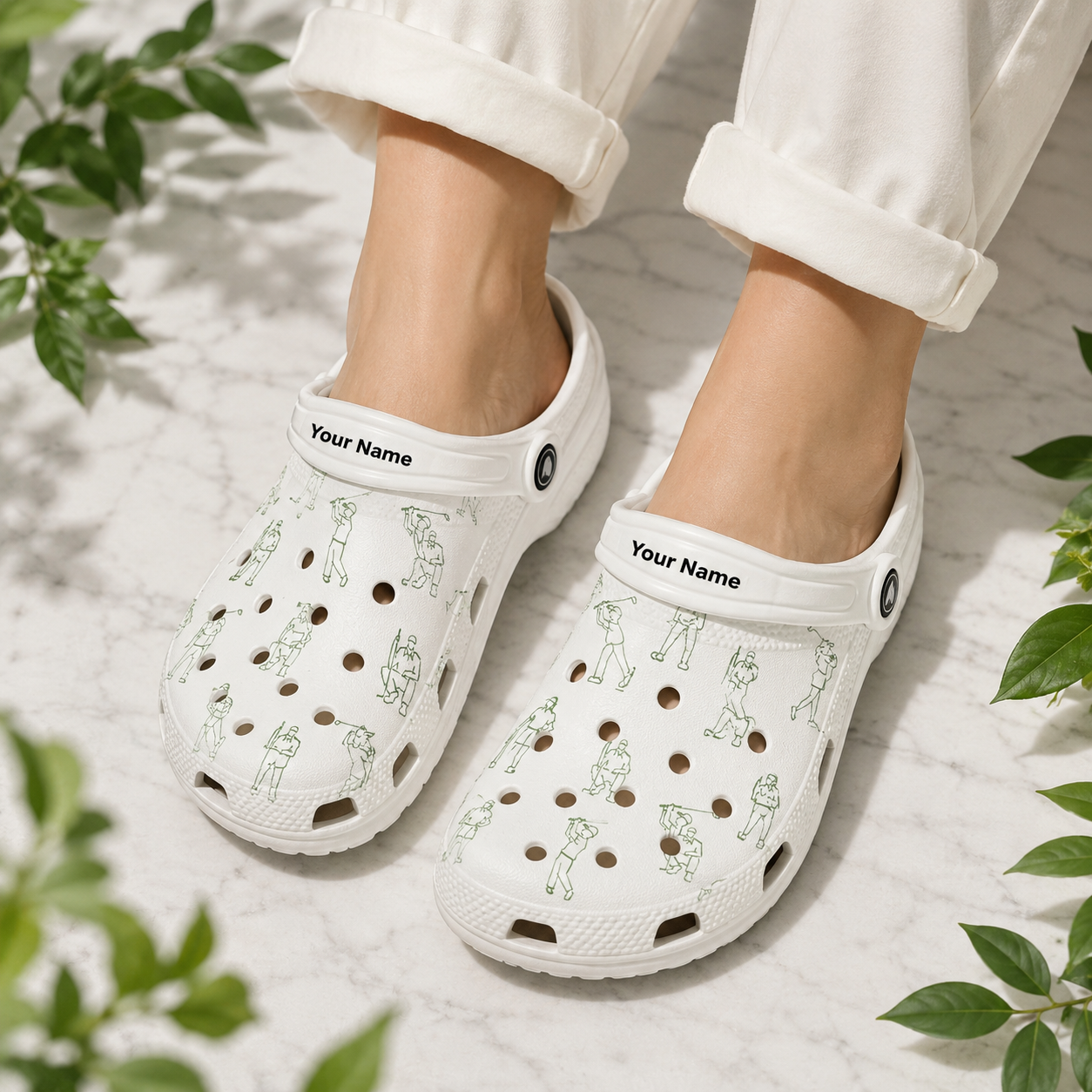Golf Style Print Clogs, Green Golf Pattern Clogs, Unisex Kid Adult Clogs, Summer Clogs, Waterproof EVA Slip-On Shoes, Comfortable Casual Sandals CLGOLF08