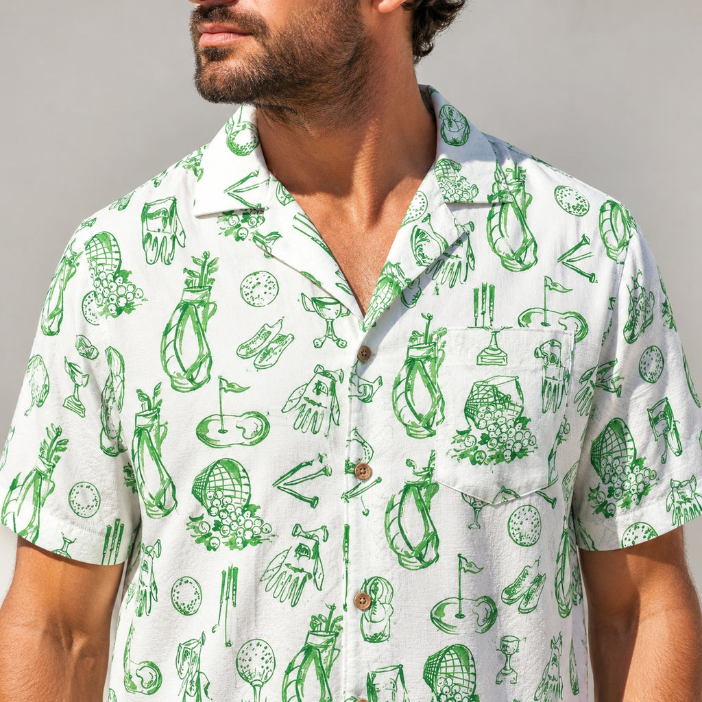 Green Golf Sketch Hawaiian Shirt, Golf Equipment Pattern Button Down Shirt, Summer Vacation Shirt for Golf Lovers HW09