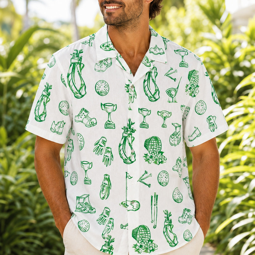 Green Golf Sketch Hawaiian Shirt, Golf Equipment Pattern Button Down Shirt, Summer Vacation Shirt for Golf Lovers HW09