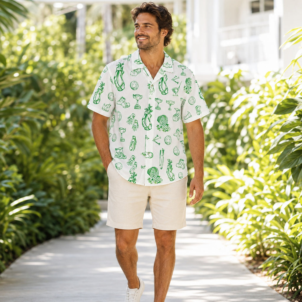 Green Golf Sketch Hawaiian Shirt, Golf Equipment Pattern Button Down Shirt, Summer Vacation Shirt for Golf Lovers HW09