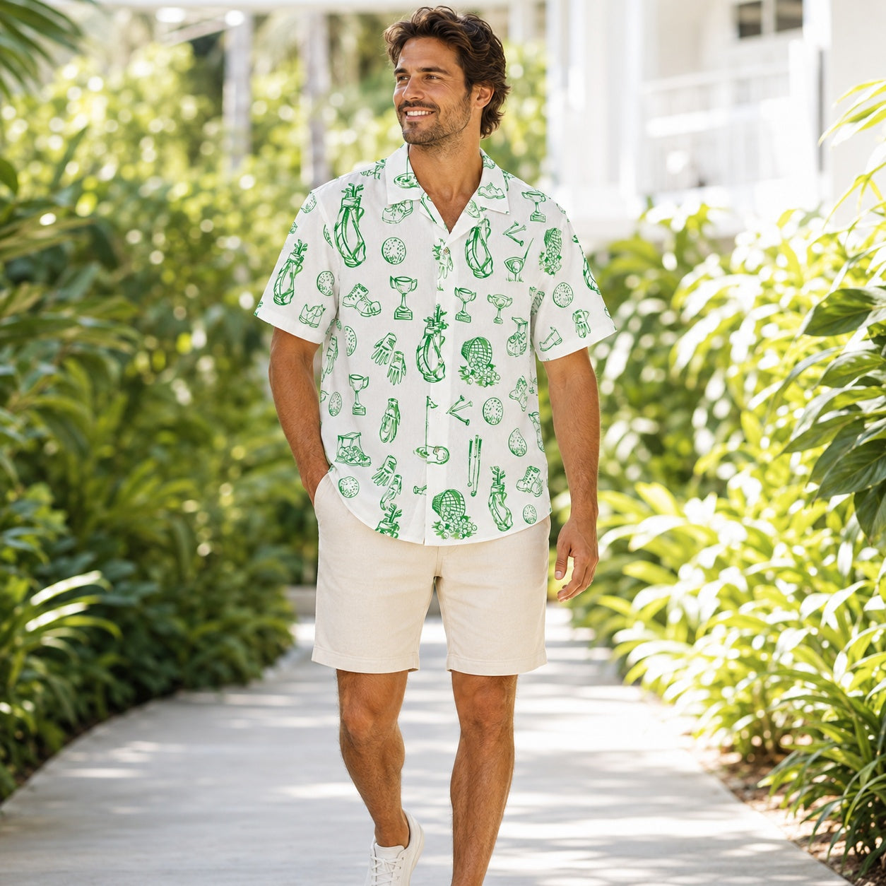 Green Golf Sketch Hawaiian Shirt, Golf Equipment Pattern Button Down Shirt, Summer Vacation Shirt for Golf Lovers HW09
