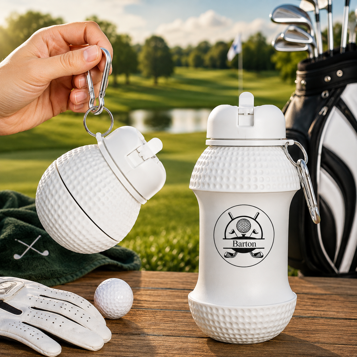 Personalized Golf Ball Foldable Water Bottle, Custom Name Golf Club & Ball Design, Collapsible Silicone Sports Bottle, Golfer Gift for Men Dad Husband – WBGOLF09
