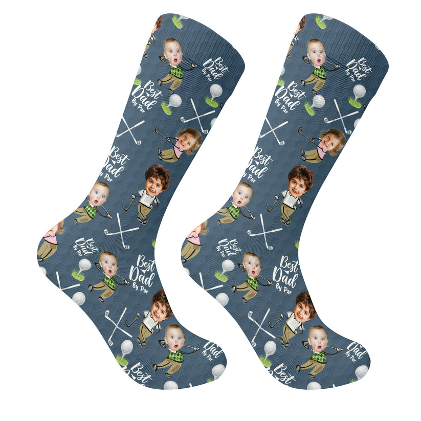 Custom Face Golf Socks, "Best Dad By Par" Personalized Photo Gift, Funny Kids Head on Golfer Body Crew Socks, Father's Day Present for Him