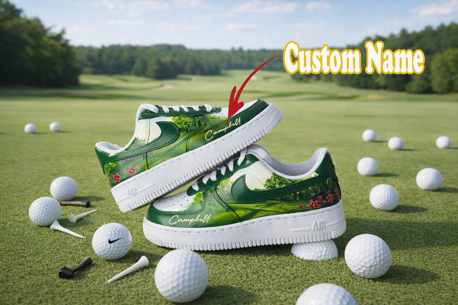Personalized Golf Course Sneakers, Green Fairway Golf Shoes with Name for Men & Women, Golf Inspired Shoes, Golf Art Shoes SHGTP08