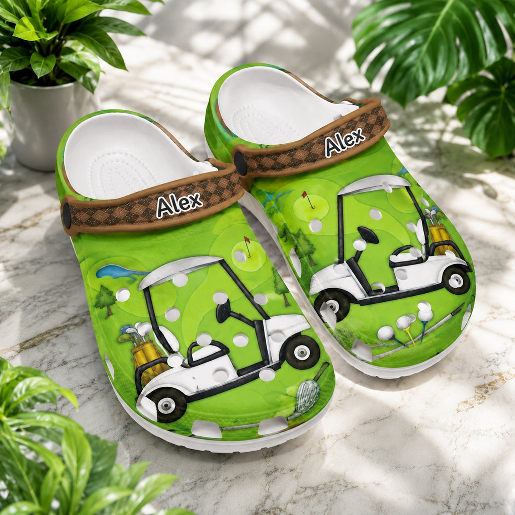 Golf Cart Print Clogs, Green Golf Pattern Clogs, Unisex Kid Adult Clogs, Summer Clogs, Waterproof EVA Slip-On Shoes, Comfortable Casual Sandals CLGOLF09