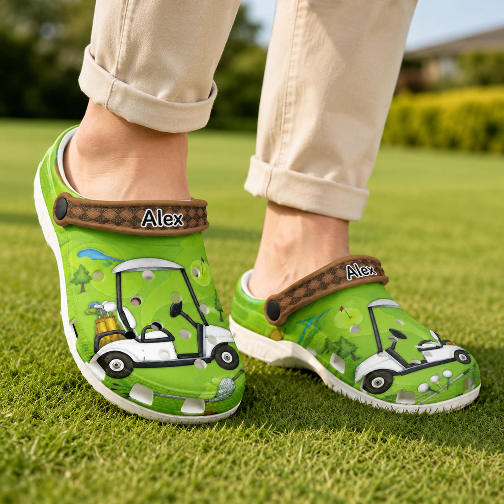 Golf Cart Print Clogs, Green Golf Pattern Clogs, Unisex Kid Adult Clogs, Summer Clogs, Waterproof EVA Slip-On Shoes, Comfortable Casual Sandals CLGOLF09
